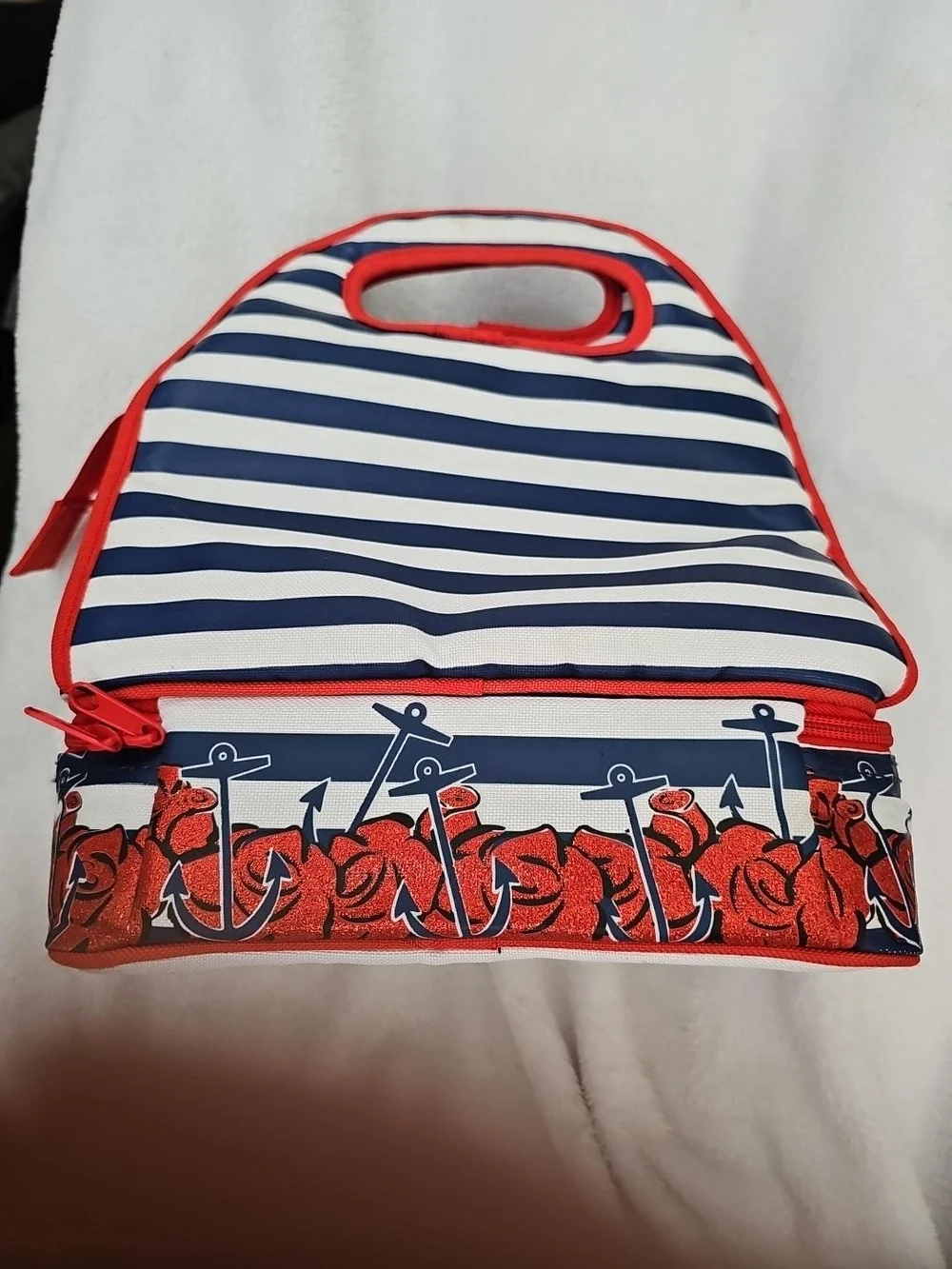 Loungefly Disney Tinker Bell Nautical Lunch Tote Bag Red Glitter Roses Stripes